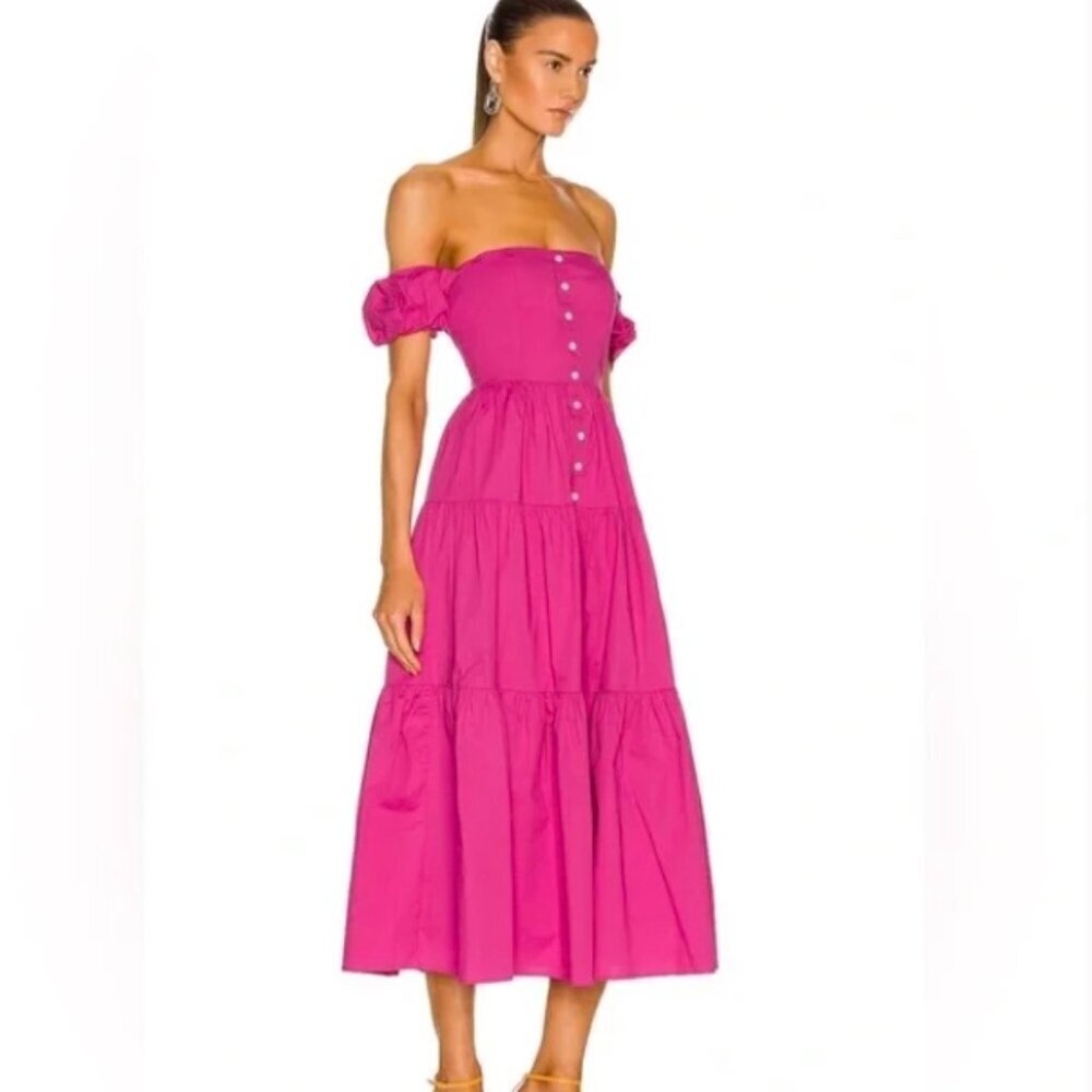 Staud Elio Off-The-Shoulder Dress Plumeria Pink Midi Length Cotton Size 16 Nwt